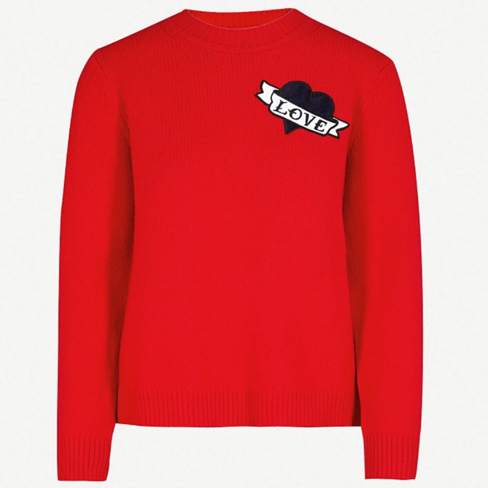 Sandro Heart Detail Embroidered Red Wool Sweater